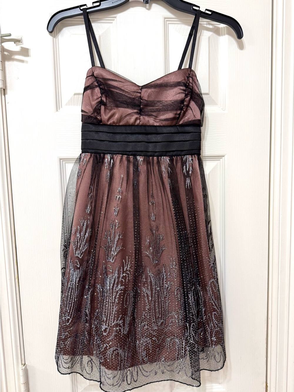 Trixxi mauve and Black & silver Embroidered Mesh Spaghetti-Strap Mini Dress